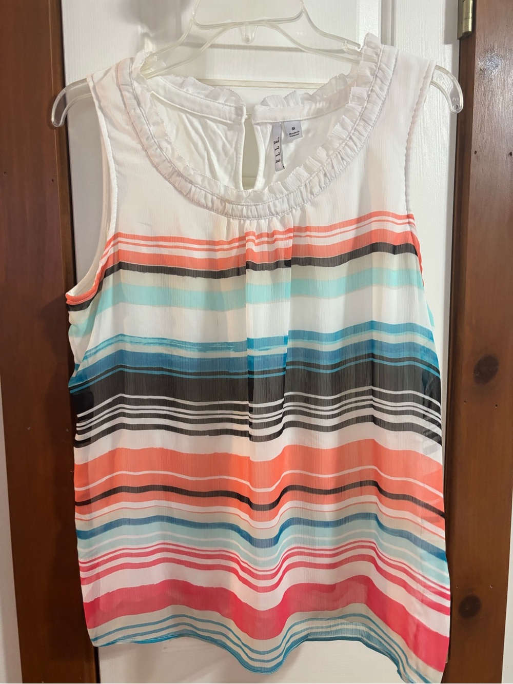 Elle White Sleeveless Striped Ruffle Neck Camisole